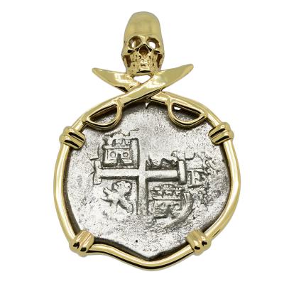 Spanish coin in gold skull and swords pendant
