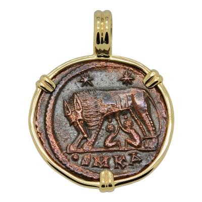 AD 330-336 Roman She-Wolf coin in gold pendant