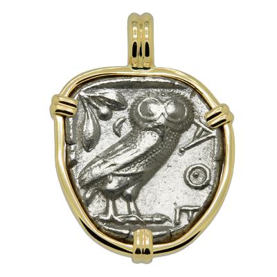 454-404 BC Owl tetradrachm coin in gold pendant