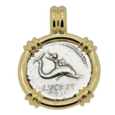 76 BC Genius riding Dolphin coin in gold pendant