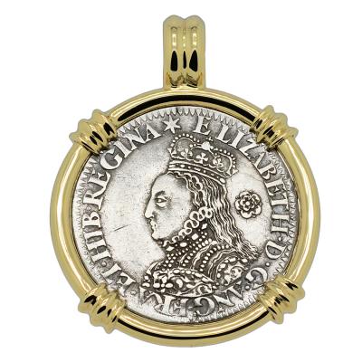1562 Queen Elizabeth I sixpence in gold pendant