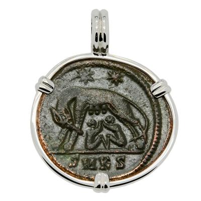 AD 330-336 She-Wolf coin in white gold pendant