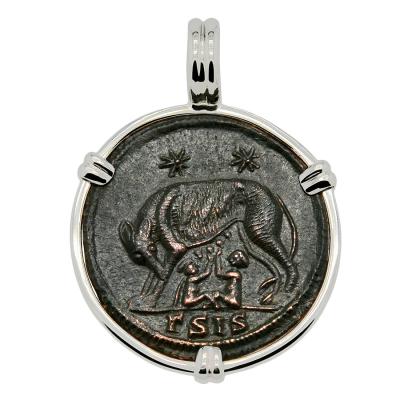 AD 330-336 She-Wolf coin in white gold pendant