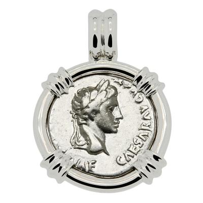 Caesar Augustus coin in white gold pendant