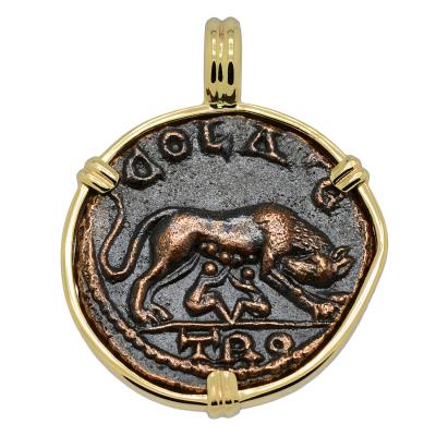 AD 250-268 She-Wolf Suckling Twins coin in gold pendant