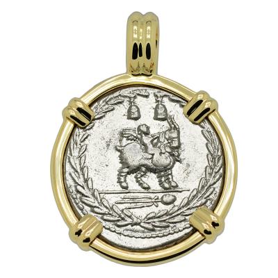 85 BC Cupid riding a goat coin in gold pendant