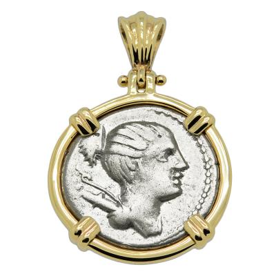 73 BC goddess Diana coin in gold pendant