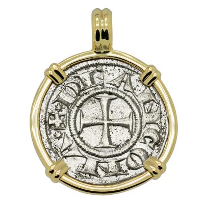 1280-1320 Ancona cross coin in gold pendant