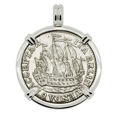 1773 Dutch ship shilling in white gold pendant 