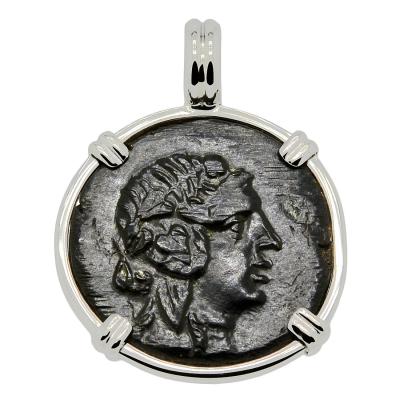 110-90 BC Dionysus bronze coin in white gold pendant