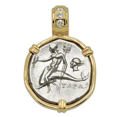 Dolphin Rider coin in gold pendant with diamonds