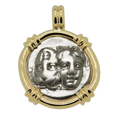 313-280 BC Twins of Istros drachm in gold pendant