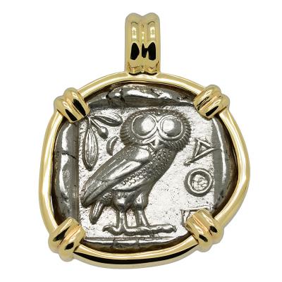 454-404 BC Owl tetradrachm coin in gold pendant