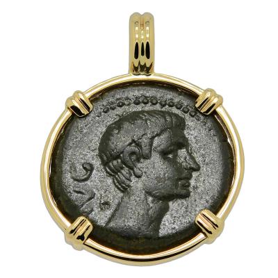Caesar Augustus bronze coin in gold pendant