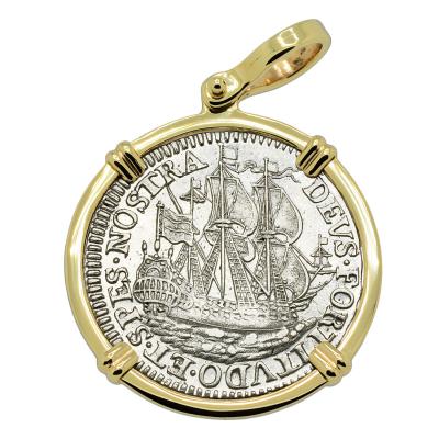 1677 Dutch ship shilling in gold pendant 