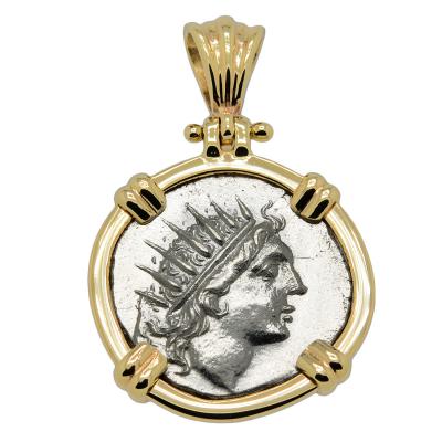88-84 BC Sun God Helios coin in gold pendant