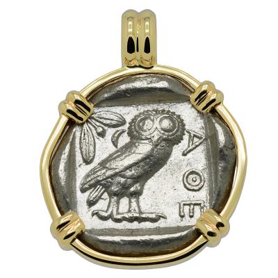 454-404 BC Owl tetradrachm coin in gold pendant