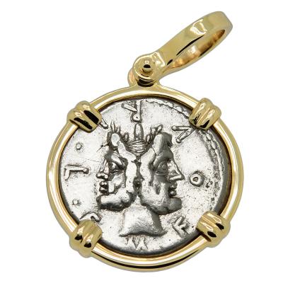 120 BC Janus denarius coin in gold pendant