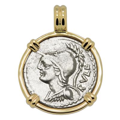 100 BC Minerva denarius in gold pendant