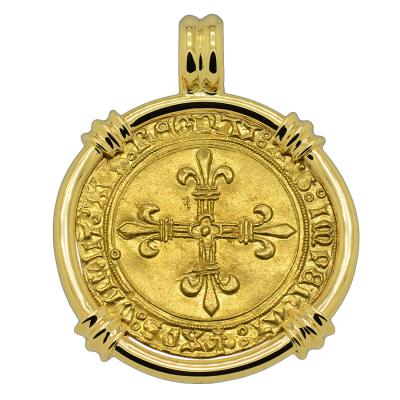 Charles VIII gold ecu in 18k pendant