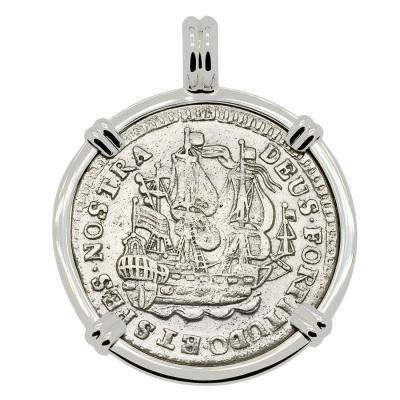 1755 Dutch ship shilling in white gold pendant 