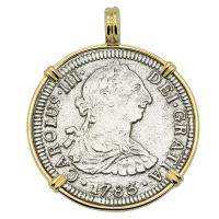 Spanish 2 reales dated 1783 in 14k gold pendant, The 1784 Shipwreck that Changed America.