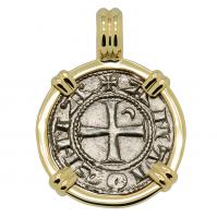Antioch 1163-1188, Crusader Cross denier in 14k gold pendant.