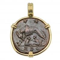 Roman Empire AD 330-336, She-Wolf Suckling Twins nummus in 14k gold pendant. 
