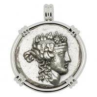 Greek 148-90 BC, Dionysus and Hercules tetradrachm in 14k white gold pendant.