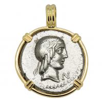 Roman Republic 90 BC, Apollo and Horseman denarius in 14k gold pendant.