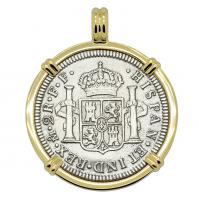 Spanish 2 reales dated 1783 in 14k gold pendant, The 1784 Shipwreck that Changed America.