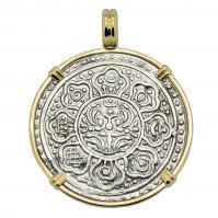 Buddhist Tibetan 1850-1880s, Ga-Den Tanka in 14k gold pendant.