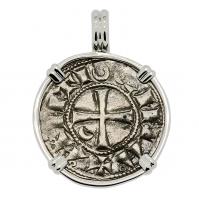 Antioch 1163-1188, Crusader Cross denier in 14k white gold pendant.
