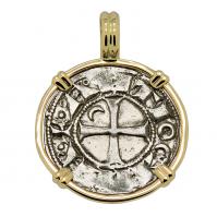 Antioch 1163-1188, Crusader Cross denier in 14k gold pendant.