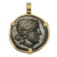 Greek 215-175 BC, Amazon warrior and Athena bronze coin in 14k gold pendant.