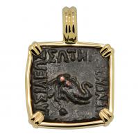 Indo-Greek 165-130 BC, Elephant and club of Hercules bronze coin in 14k gold pendant.