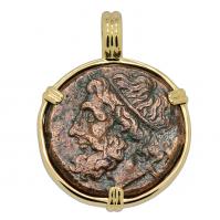 Greek 261-240 BC, Poseidon and Trident tetras in 14k gold pendant.