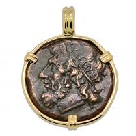 Greek 261-240 BC, Poseidon and Trident tetras in 14k gold pendant.
