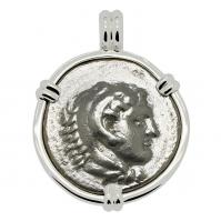 Greek 325-324 BC Lifetime Issue, Alexander the Great tetradrachm in 14k white gold pendant.