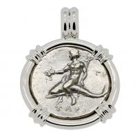Greek - Italy 280-272 BC, Taras riding Dolphin and Horseman nomos in 14k white gold pendant.