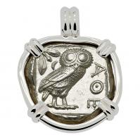 Greek 454-404 BC, Owl and Athena tetradrachm in 14k white gold pendant.