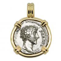 Roman Empire AD 145-147, Marcus Aurelius as Caesar denarius in 14k gold pendant.