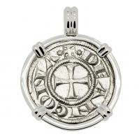 Ancona 1280-1320, Cross Pattee and Saint Judas Cyriacus grosso agontano in 14k white gold pendant.