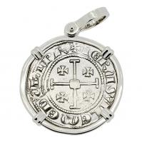 Cyprus 1285-1324 Henry II, last ruling King of Jerusalem, gros grand Crusader coin in 14k white gold pendant.