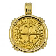 Spanish Sardinia, King Philip V one escudo dated 1702 in 18k gold pendant.