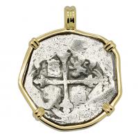 Spanish 4 reales 1621-1641 in 14k gold pendant, 1641 Shipwreck Silver Shoals Dominican Republic. 