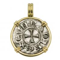 Italian 1139-1252, Crusader Cross denaro in 14k gold pendant.