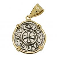 Italian 1139-1252, Crusader Cross denaro in 14k gold pendant.