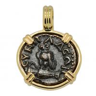 Greek AD 138-192, Owl and Athena bronze coin in 14k gold pendant.