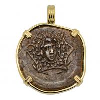 Greek 120-63 BC, Medusa and Nike bronze coin in 14k gold pendant.